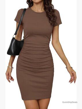 Ruched Bodycon Mini Dress, Short Sleeve Crewneck, Casual Cocktail Party